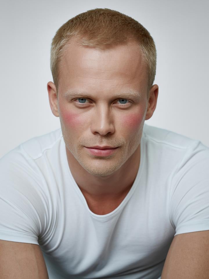 Sven — AI fashion model: Strawberry blonde buzz, blue eyes